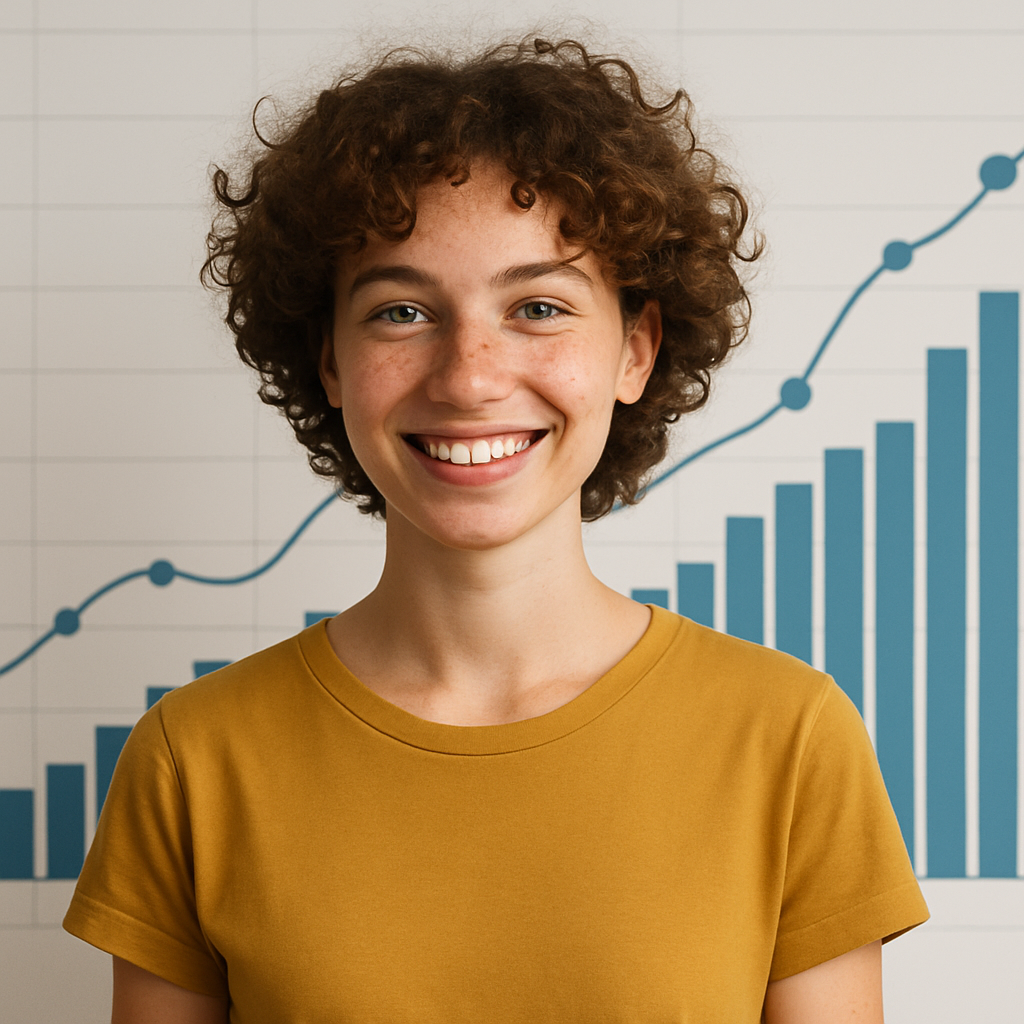 junge casual sehr hbsch mit curly hair und sommersprossen Hintergrund Datenvisualisierungen oder Wachstumskurven eingeblendet sind-1